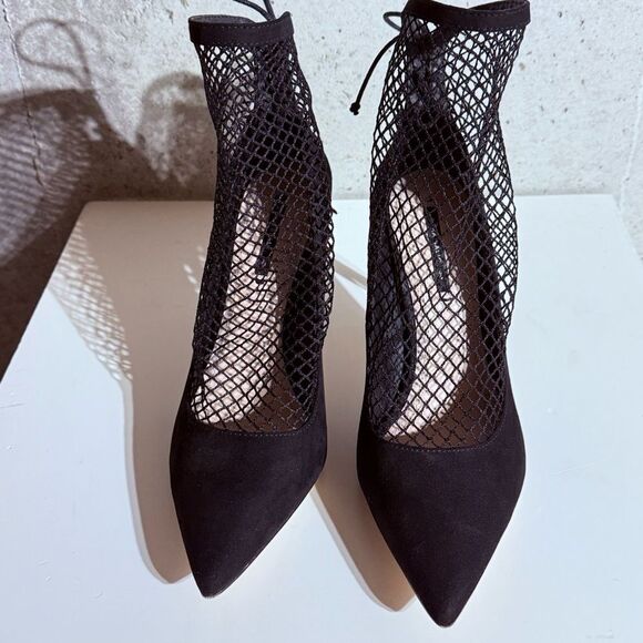 Zara Suede Black Fishnet Sock Heels Shoes Sz 38(7.5) - Picture 6 of 13